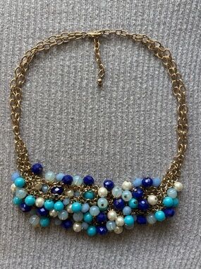 Bohemian theme gold tone 2-stranded faux pearl, blue & clear beaded necklace